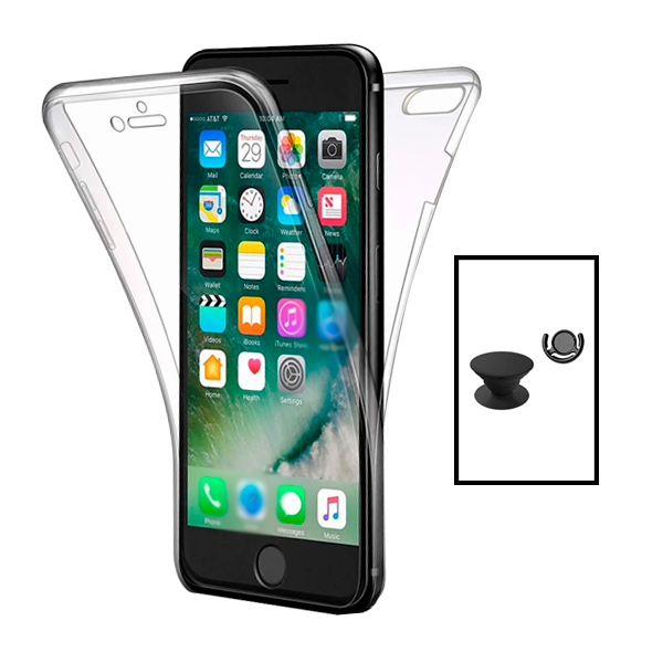 Kit Capa 360° Proteção Frente e Verso + 1 HandHolder + 1 Suporte HandHolder Preto para Apple iPhone SE 2022 - Transparente/Preto
