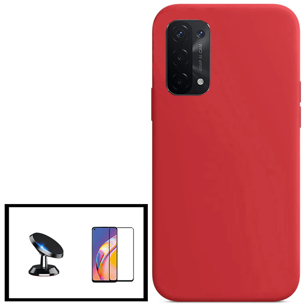 Kit Película de Vidro Temperado GorilasGlass + Capa Proteção Traseira Silicone + Suporte Magnético para Oppo A55 5G - Vermelho