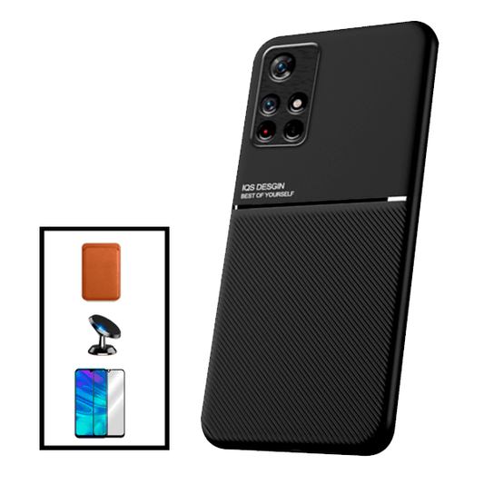 Kit Capa Traseira Magnética Anti Choque + Carteira Magnética Castanho + Película de Vidro Temperado GorilasGlass + Suporte Magnético para Xiaomi Poco M4 Pro 5G