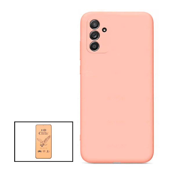 Kit Vidro Temperado Ceramica Full Cover + Capa Proteção Traseira Silicone para Samsung Galaxy M52 5G - Rosa