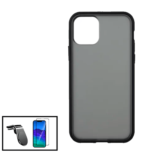 Kit Capa Traseira Anti Choque Fumada + Película de Vidro Temperado GorilasGlass + Suporte de Carro Magnético L para iPhone 13 - Preto