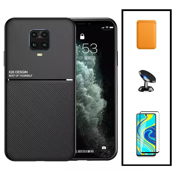 Kit Capa Traseira Magnética Anti Choque + Carteira Magnetica Laranja + Película de Vidro Temperado GorilasGlass + Suporte Magnético para Xiaomi Redmi Note 10 Lite