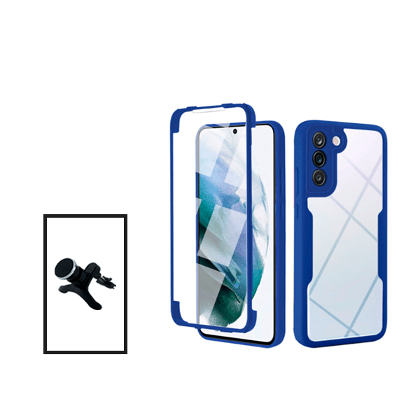 Kit Capa 360° Proteção Frente e Verso + Suporte Magnético Com Pernas para Samsung Galaxy S21 FE 5G - Azul Escuro
