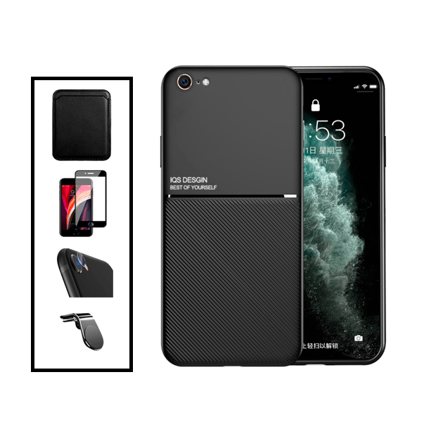 Kit Capa Traseira Magnética Anti Choque + Carteira Magnetica Preto + Película de Vidro Temperado GorilasGlass + Película Protectora para Câmara Traseira + Suporte de Carro Magnético L para Apple iPhone SE 2022 - Preto