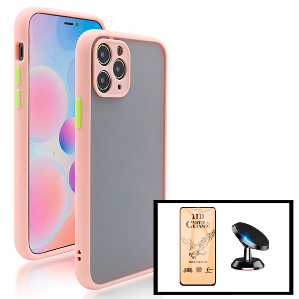 Kit Capa Traseira Proteção Camara + Vidro Temperado Ceramica Full Cover + Suporte Magnético para iPhone 13 - Rosa