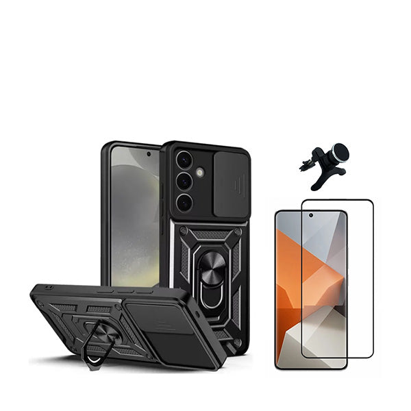 Kit Película de Vidro Temperado GorilasGlass + Capa de Proteção Militar Magnética Janela Deslizante + Suporte Magnético Com Pernas GIFT4ME para Samsung Galaxy S24 Plus + 5G - Preto