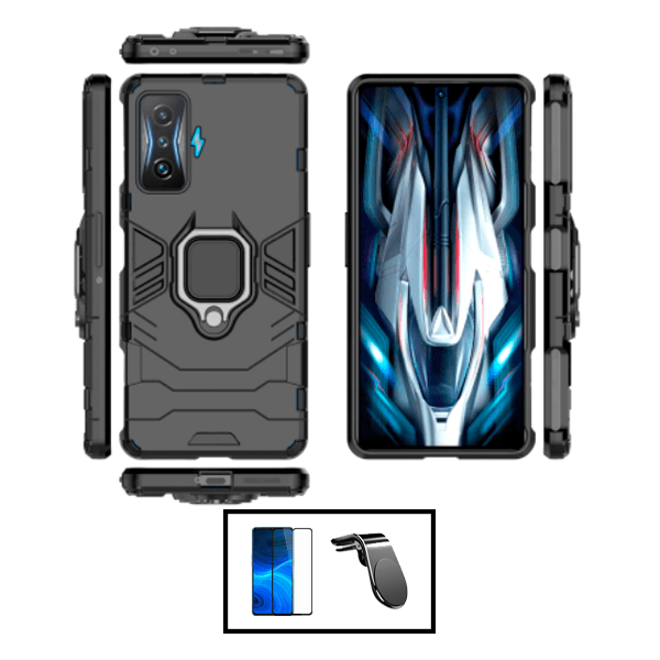 Kit Película de Vidro Temperado GorilasGlass + Capa de Proteção Militar Magnética + Suporte de Carro Magnético L para Xiaomi Redmi K50 Gaming - Preto