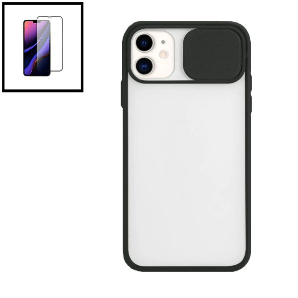 Kit Capa Proteção Camara Deslizante + Vidro Temperado Ceramica Full Cover para Apple iPhone SE 2022 - Preto