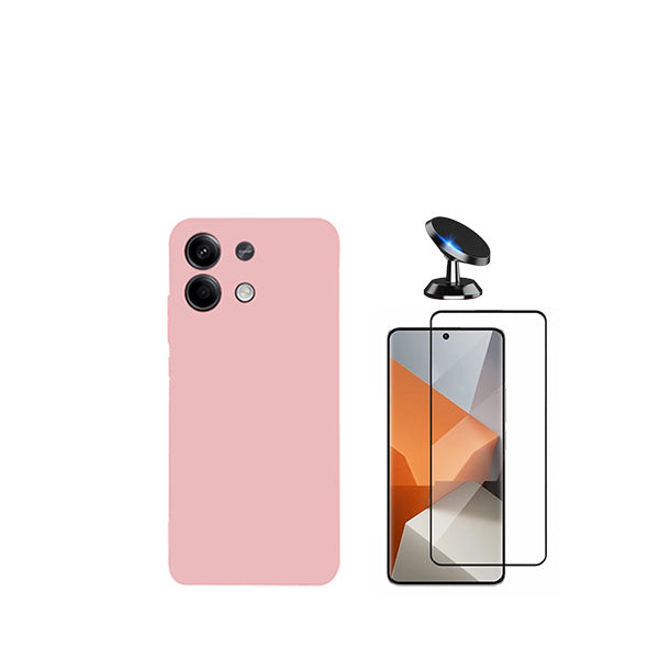 Kit Película de Vidro Temperado GorilasGlass + Capa Proteção Traseira Silicone + Suporte Magnético GIFT4ME para Xiaomi Redmi Note 13 Pro - Rosa