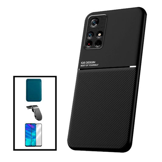 Kit Capa Traseira Magnética Anti Choque + Carteira Magnética Azul + Película de Vidro Temperado GorilasGlass + Suporte Magnético L para Xiaomi Poco M4 Pro 5G