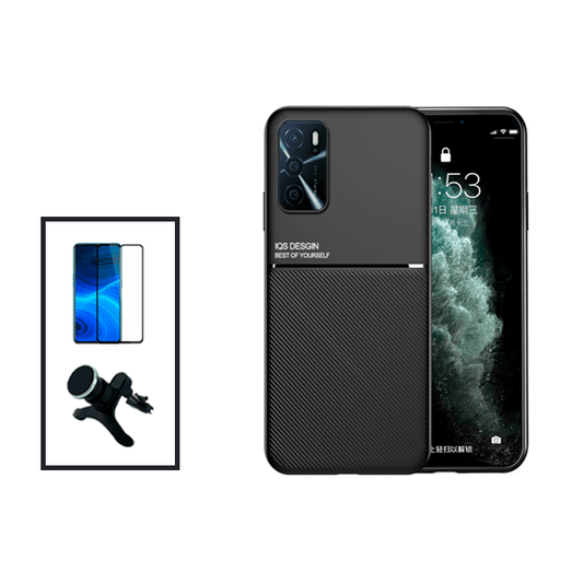 Kit Capa Traseira Magnética Anti Choque + Película de Vidro Temperado GorilasGlass + Suporte Magnético Com Pernas para Oppo A16 - Preto