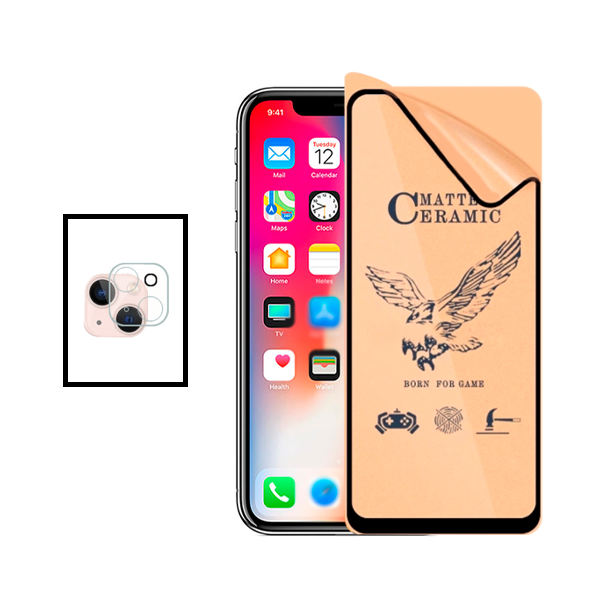 KIT Vidro Temperado Ceramica Full Cover + Película Protectora para Câmara Traseira para Apple iPhone 14 - Transparente/Preto