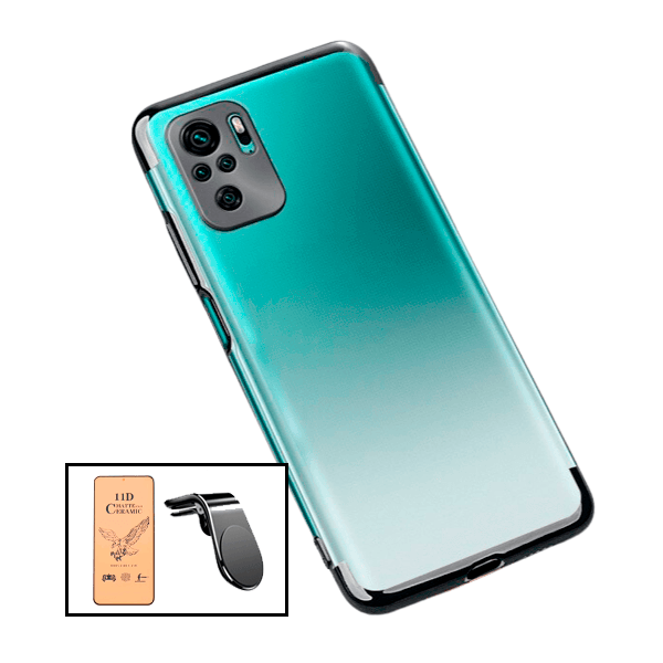 Kit Vidro Temperado Ceramica Full Cover + Capa Proteção Traseira Super Slim + Suporte de Carro Magnético L para Xiaomi Redmi Note 10 Pro - Preto