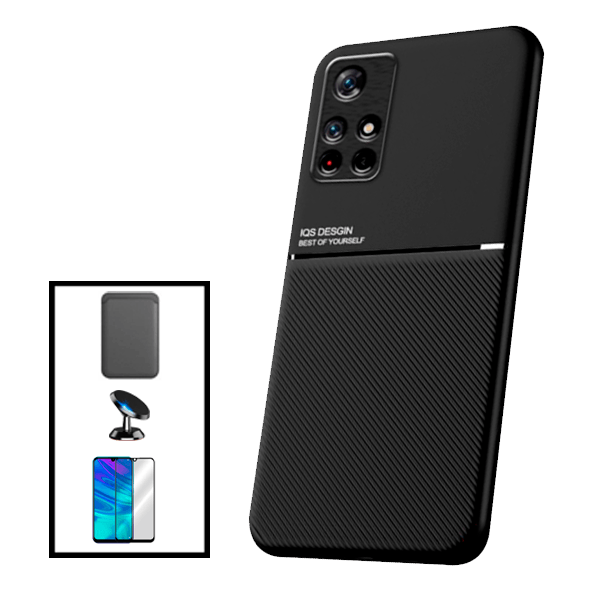 Kit Capa Traseira Magnética Anti Choque + Carteira Magnética Preto + Película de Vidro Temperado GorilasGlass + Suporte Magnético para Xiaomi Poco M4 Pro 5G