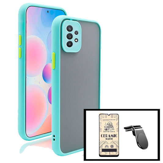 Kit Capa Traseira Proteção Camara + Vidro Temperado Ceramica Full Cover + Suporte de Carro Magnético L para Samsung Galaxy A32 5G - Azul Claro