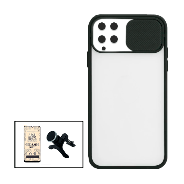 Kit Capa Proteção Camara Deslizante + Vidro Temperado Ceramica Full Cover + Suporte Magnético Com Pernas para Samsung Galaxy M22 - Preto