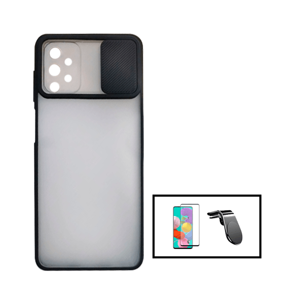 Kit Capa Proteção Camara Deslizante + Película de Vidro Temperado GorilasGlass + Suporte de Carro Magnético L para Samsung Galaxy A52 - Preto