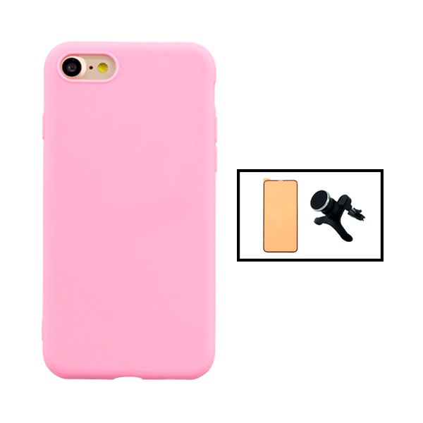 Kit Vidro Temperado Ceramica Full Cover + Capa Silicone Líquido + Suporte Magnético Com Pernas para Apple iPhone SE 2022 - Rosa