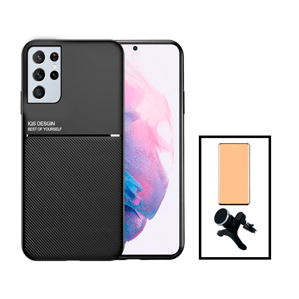 Kit Capa Traseira Magnética Anti Choque + Vidro Temperado Ceramica Full Cover + Suporte Magnético Com Pernas para Samsung Galaxy S22 5G Ultra 5G - Preto