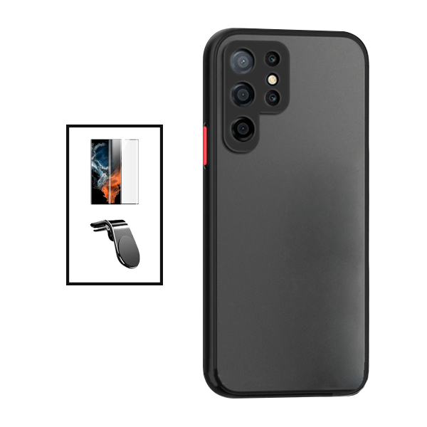 Kit Capa Traseira Proteção Camara + Película de Vidro Temperado GorilasGlass Curvado + Suporte de Carro Magnético L para Samsung Galaxy S22 Ultra 5G - Preto