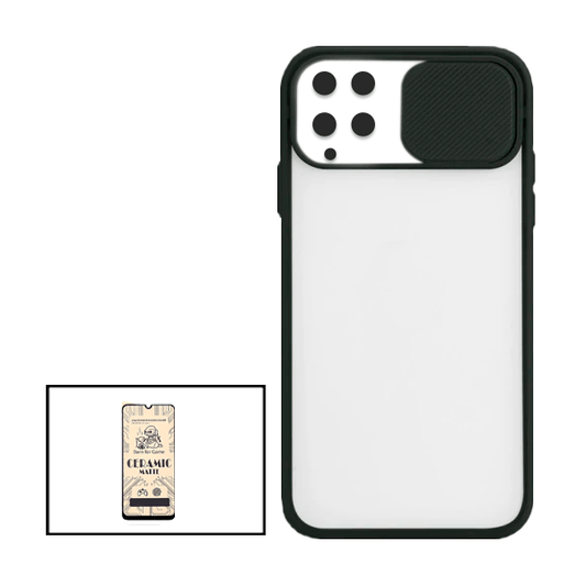 Kit Capa Proteção Camara Deslizante + Vidro Temperado Ceramica Full Cover para Samsung Galaxy M22 - Preto