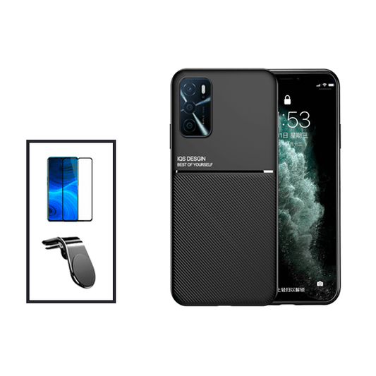 Kit Capa Traseira Magnética Anti Choque + Película de Vidro Temperado GorilasGlass + Suporte de Carro Magnético L para Oppo A16 - Preto