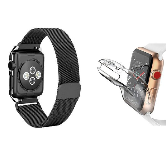 Kit Bracelete Milanese Com Fecho Magnético + Capa Proteção Total para Apple Watch Series 7 - 41mm - Preto