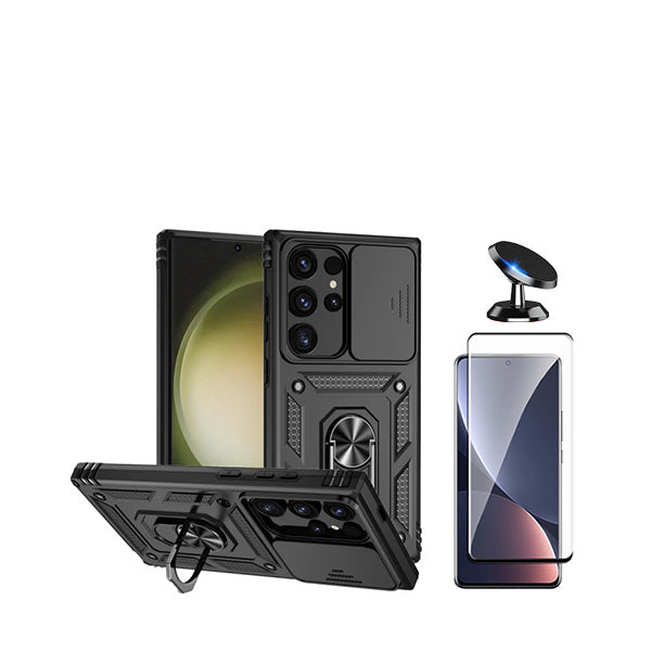 Kit Película de Vidro Temperado GorilasGlass Curvado + Capa de Proteção Militar Magnética Janela Deslizante + Suporte Magnético GIFT4ME para Samsung Galaxy S24 Ultra 5G - Preto