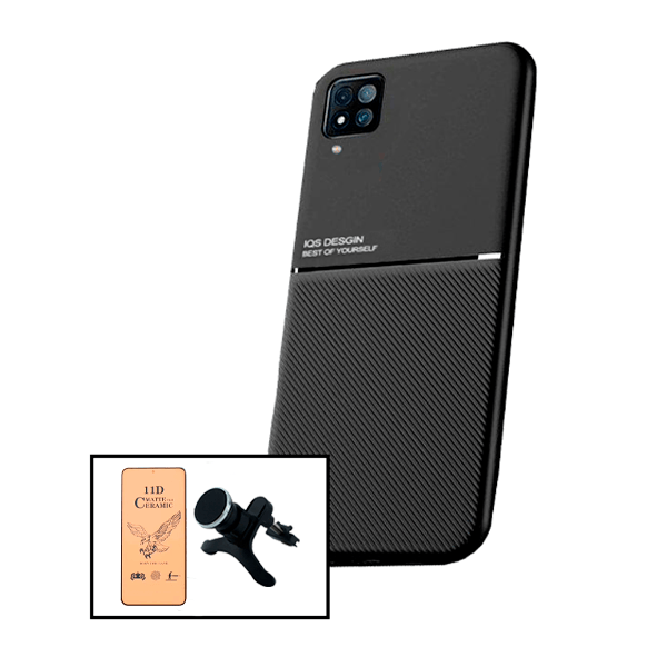 Kit Capa Traseira Magnética Anti Choque + Vidro Temperado Ceramica Full Cover + Suporte Magnético Com Pernas para Samsung Galaxy A12