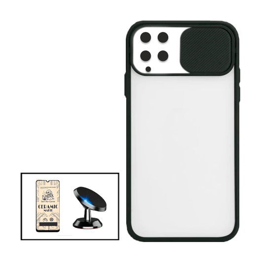 Kit Capa Proteção Camara Deslizante + Vidro Temperado Ceramica Full Cover + Suporte Magnético para Samsung Galaxy M22 - Preto