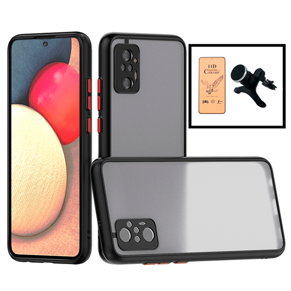 Kit Capa Traseira Proteção Camara + Vidro Temperado Ceramica Full Cover + Suporte de Carro Magnético L para Xiaomi Redmi Note 10 Pro - Preto