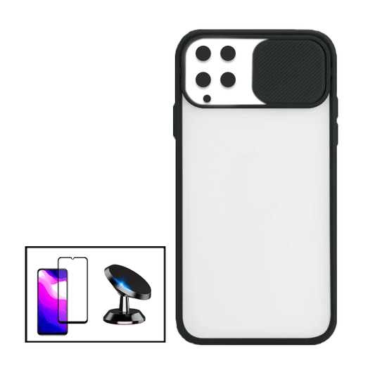 Kit Capa Proteção Camara Deslizante + Película de Vidro Temperado GorilasGlass + Suporte Magnético para Samsung Galaxy A22 4G - Preto