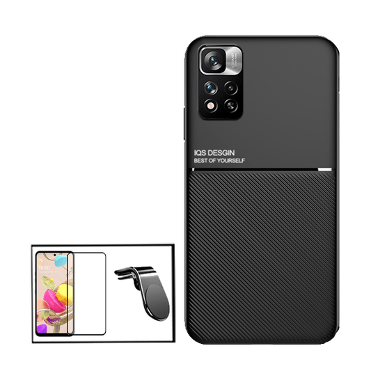 Kit Capa Traseira Magnética Anti Choque + Película de Vidro Temperado GorilasGlass + Suporte de Carro Magnético L para Xiaomi 11i HyperCharge - Preto