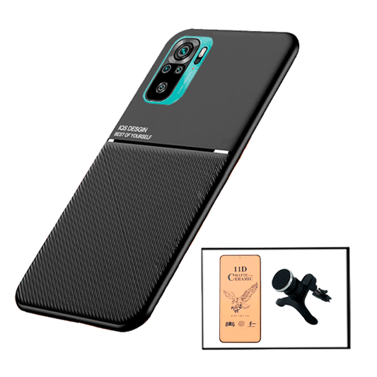 Kit Capa Traseira Magnética Anti Choque + Vidro Temperado Ceramica Full Cover + Suporte Magnético Com Pernas para Xiaomi Redmi Note 10