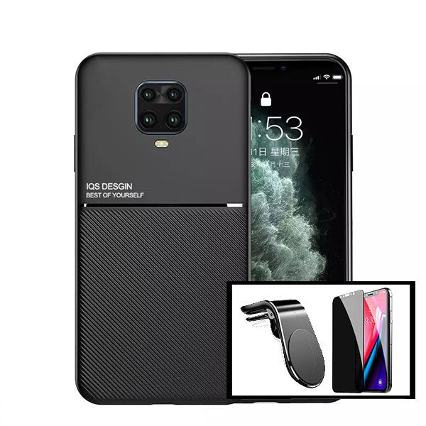 Kit Capa Traseira Magnética Anti Choque + Película de Vidro Temperado Privacidade + Suporte de Carro Magnético L para Xiaomi Redmi Note 10 Lite