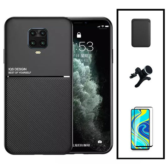 Kit Capa Traseira Magnética Anti Choque + Carteira Magnetica Preto + Película de Vidro Temperado GorilasGlass + Suporte Magnético Com Pernas para Xiaomi Redmi Note 10 Lite