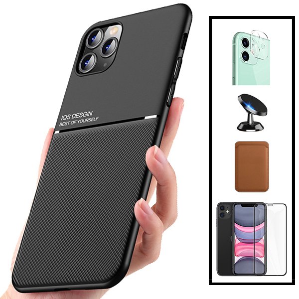 Kit Capa Traseira Magnética Anti Choque + Carteira Magnética Castanho + Película de Vidro Temperado GorilasGlass + Película Protectora para Câmara Traseira + Suporte Magnético para Xiaomi Mi 11 Lite