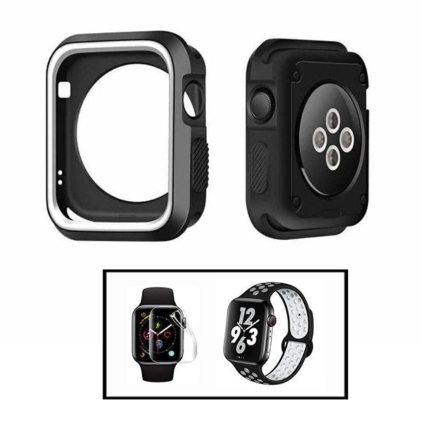 Kit Capa de Proteção Reforçada + Bracelete Desportiva + Película de Hydrogel para Apple Watch Series 7 - 41mm - Preto / Branco