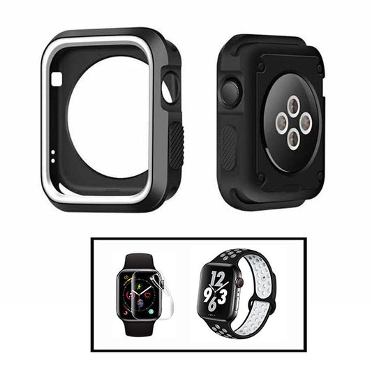 Kit Capa de Proteção Reforçada + Bracelete Desportiva + Película de Hydrogel para Apple Watch Series 7 - 45mm - Preto / Branco