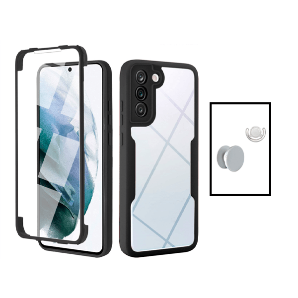 Kit Capa 360° Proteção Frente e Verso + 1 HandHolder + 1 Suporte HandHolder Branco para Samsung Galaxy S22 5G - Preto