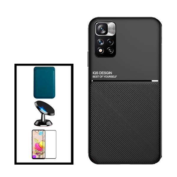 Kit Capa Traseira Magnética Anti Choque + Carteira Magnética Azul + Película de Vidro Temperado GorilasGlass + Suporte Magnético para Xiaomi Redmi Note 11 Pro+