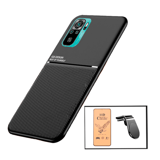 Kit Capa Traseira Magnética Anti Choque + Vidro Temperado Ceramica Full Cover + Suporte Magnético L para Xiaomi Redmi Note 10