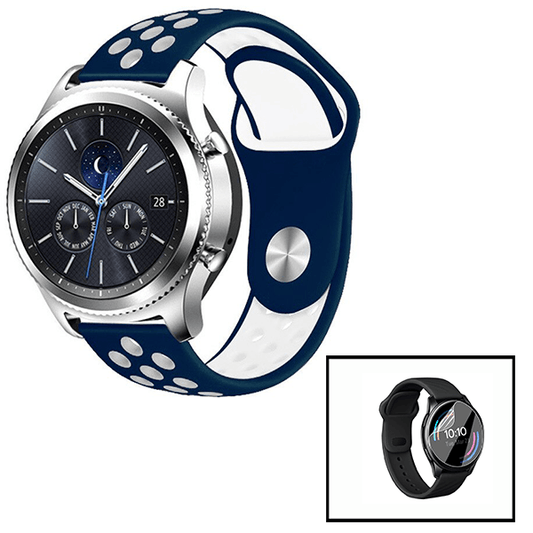 Kit Bracelete Desportiva + Película de Hydrogel para Amazfit GTR 3 - 47mm - Azul Escuro / Branco