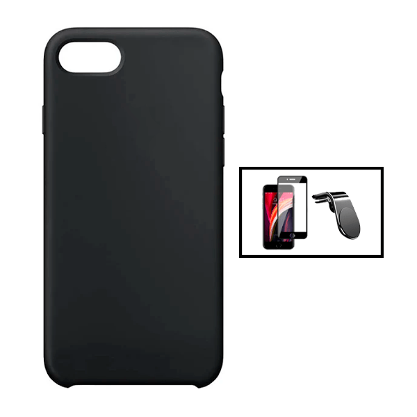 Kit Película de Vidro Temperado GorilasGlass + Capa Proteção Traseira Silicone + Suporte de Carro Magnético L para Apple iPhone SE 2022 - Preto