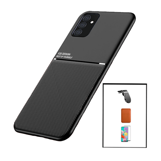 Kit Capa Traseira Magnética Anti Choque + Carteira Magnética Castanho + Película de Vidro Temperado GorilasGlass + Suporte Magnético L para Samsung Galaxy M52 5G