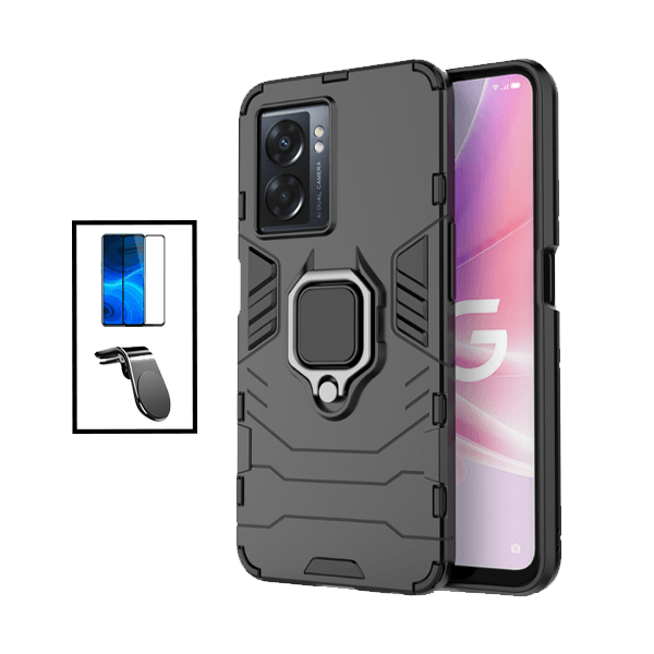 Kit Película de Vidro Temperado GorilasGlass + Capa de Proteção Militar Magnética + Suporte de Carro Magnético L para Oppo A57 - Preto