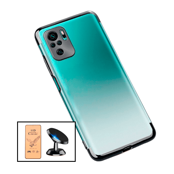 Kit Vidro Temperado Ceramica Full Cover + Capa Proteção Traseira Super Slim + Suporte Magnético para Xiaomi Redmi Note 10 Pro - Preto