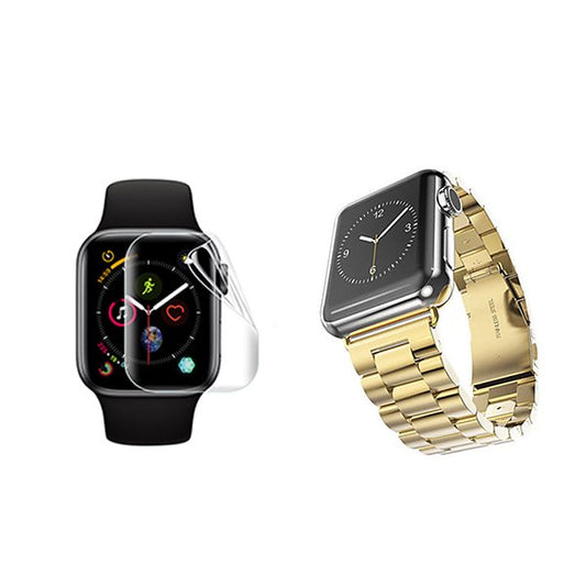 Kit Bracelete de Aço + Ferramenta + Pelicula de Hydrogel para Apple Watch Edition Series 7 - 41mm - Ouro / Transparente