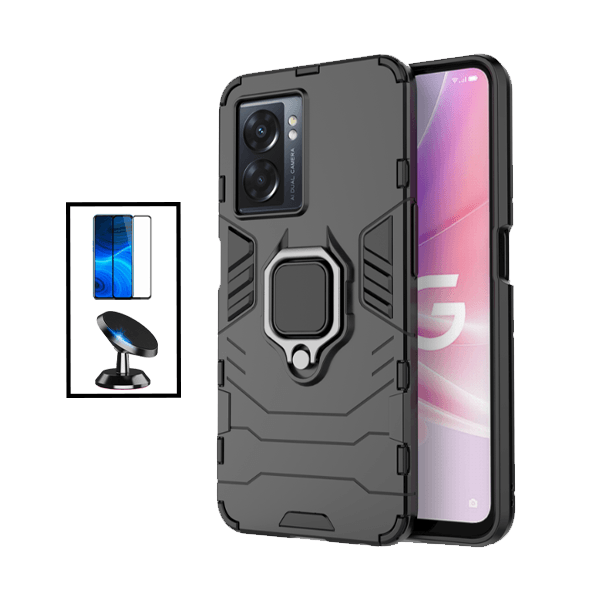 Kit Película de Vidro Temperado GorilasGlass + Capa de Proteção Militar Magnética + Suporte Magnético para Oppo A57 - Preto