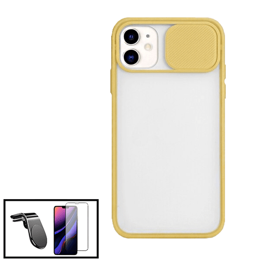 Kit Capa Proteção Camara Deslizante + Película de Vidro Temperado GorilasGlass + Suporte de Carro Magnético L para Apple iPhone SE 2022 - Amarelo